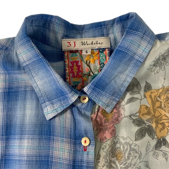 Johnny Was 3J Workshop Blouse S Blue Plaid Floral Silk Blend - Picture 5 of 13